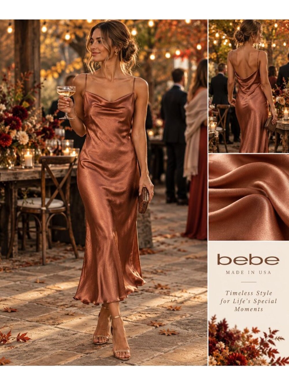 Bebe Satin Copper Slip Midi Dress With Spaghetti Straps & Cowl Neck